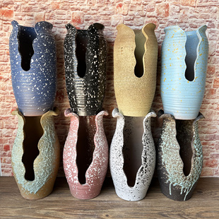 多肉法师花盆粗陶瓷大号口径土陶罐打孔签筒老桩切口花瓶陶罐高筒