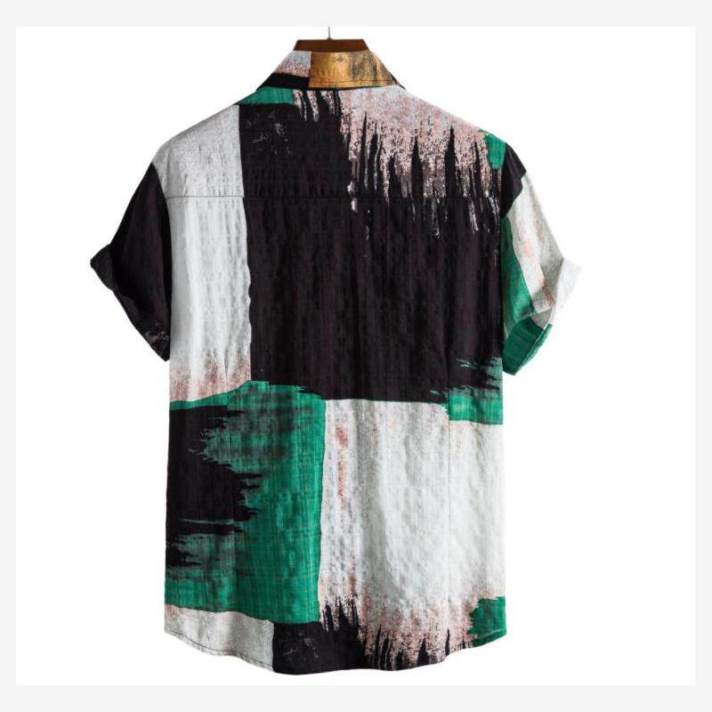 欧美碎花拼色开衫短袖休闲翻领沙滩短袖衬衫男hawaiian shirt men