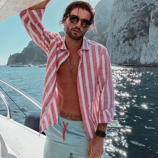 Casual Striped Long Sleeve Shirt休闲翻领条纹沙滩长袖衬衫衬衣