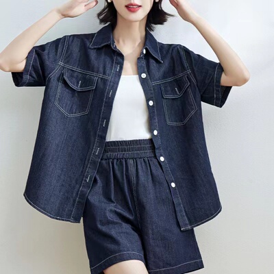 日系复古牛仔衬衫外套套装女夏季新款宽松高腰阔腿裤短裤两件套