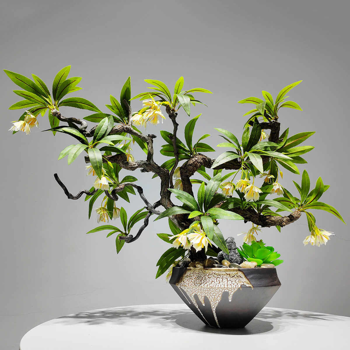 新中式创意仿真枯枝绿植盆景花艺样板房酒店茶室花架造景装饰摆件