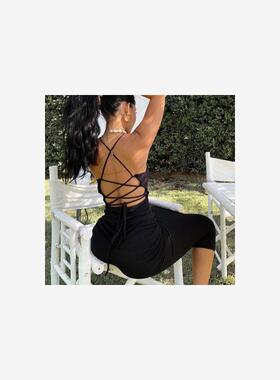 Women's Sexy Hanging Neck Back Strap Dress Solid Color Mediu