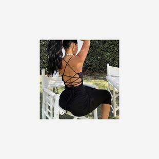 Strap Mediu Sexy Color Solid Dress Back Neck Hanging Women