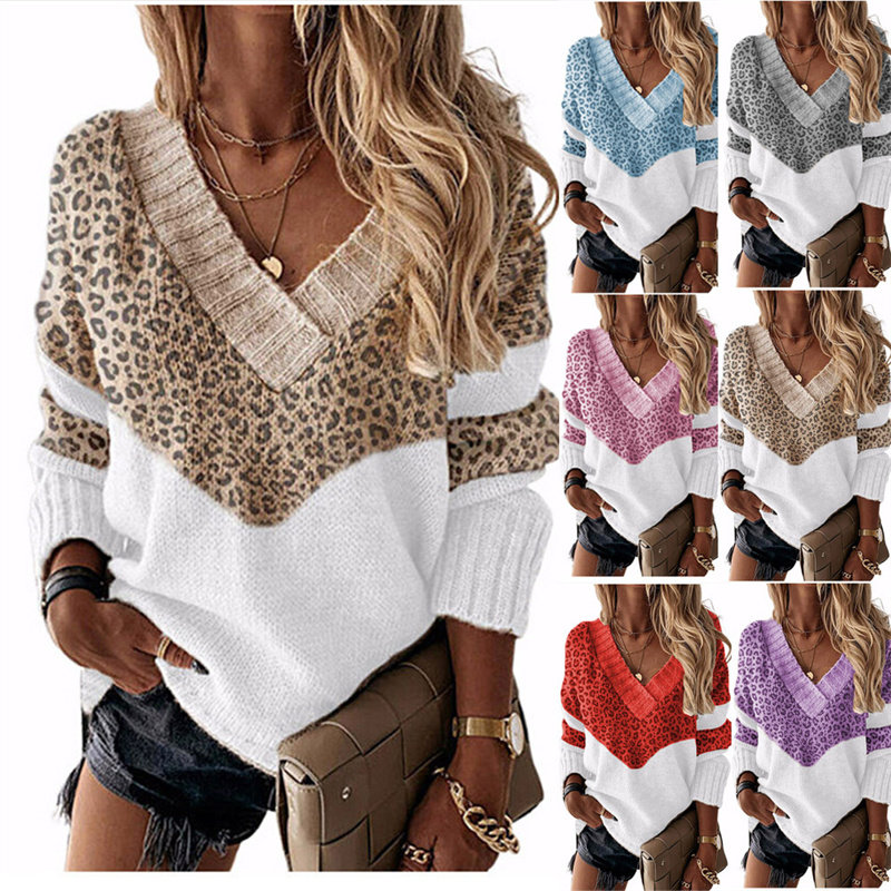 V-neck leopard print women sweater 2022 Fashion knitwear top