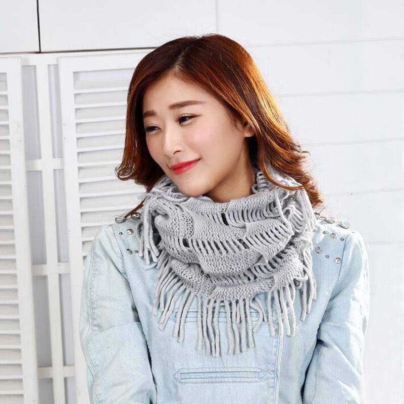秋冬女士套头款流苏围脖韩版百搭学生纯色毛线针织围巾女加厚保暖