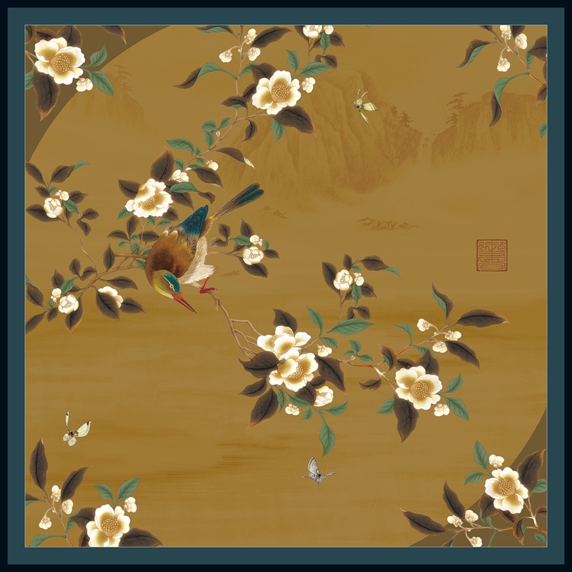 精致方巾-翠玉闻春90*90cm雉金色