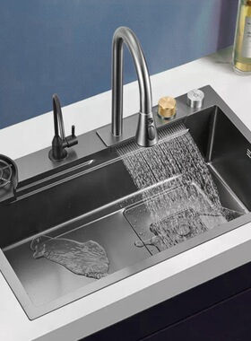 白色纳米飞雨瀑布水槽304不锈钢加厚洗菜盆厨房家用单槽带刀架