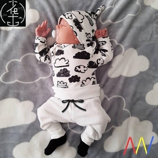 3 Pcs Newborn Baby Boy Clothes Set Cloud boys Cotton White
