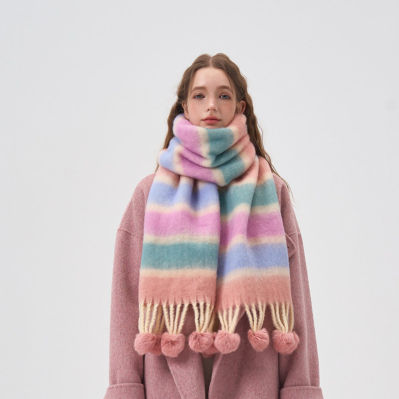 Dopamine colored striped shawl with warm fur ball scarf for