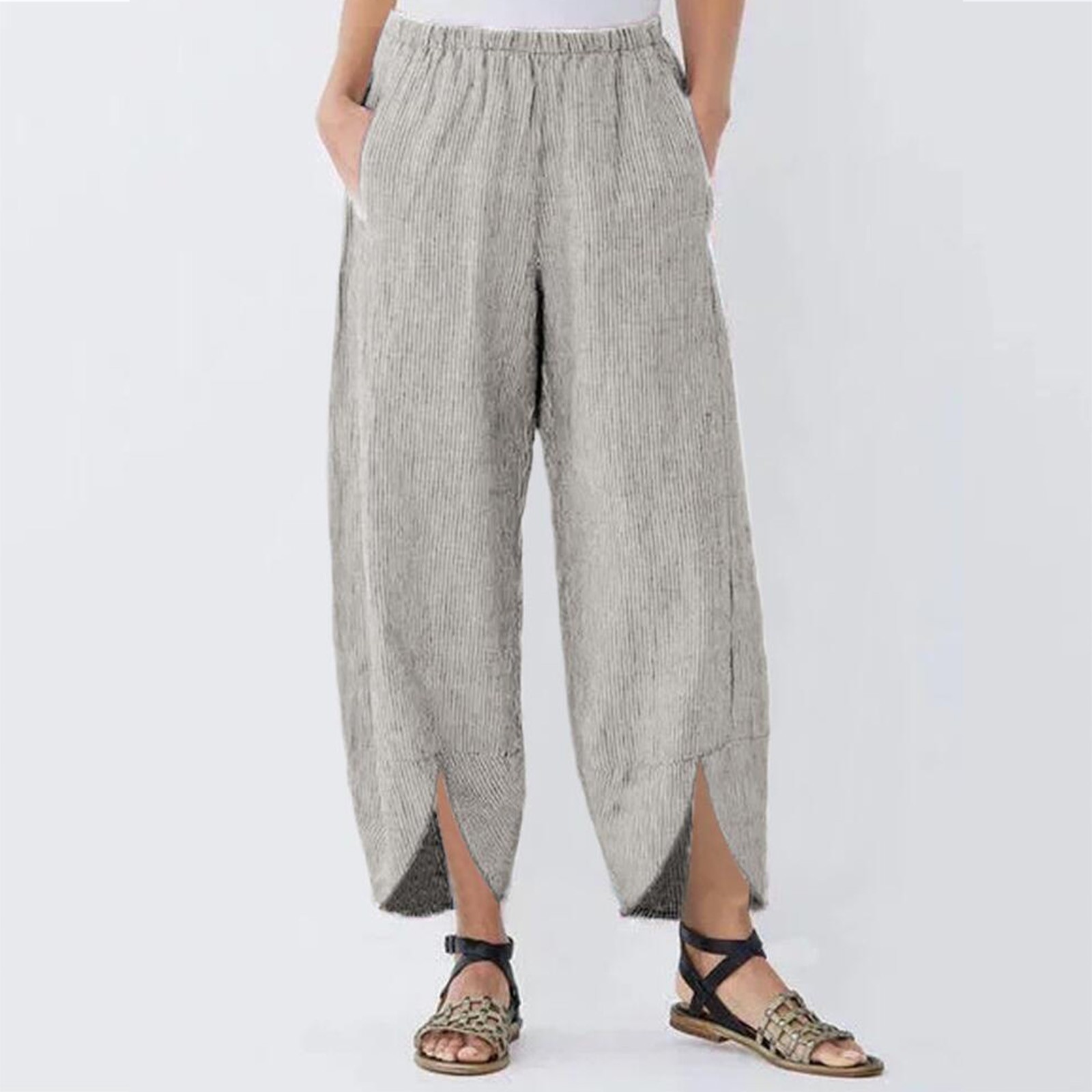 Solid striped straight Slim-fit pants 女士纯色条纹直筒小脚裤