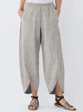 Solid striped straight Slim-fit pants 女士纯色条纹直筒小脚裤