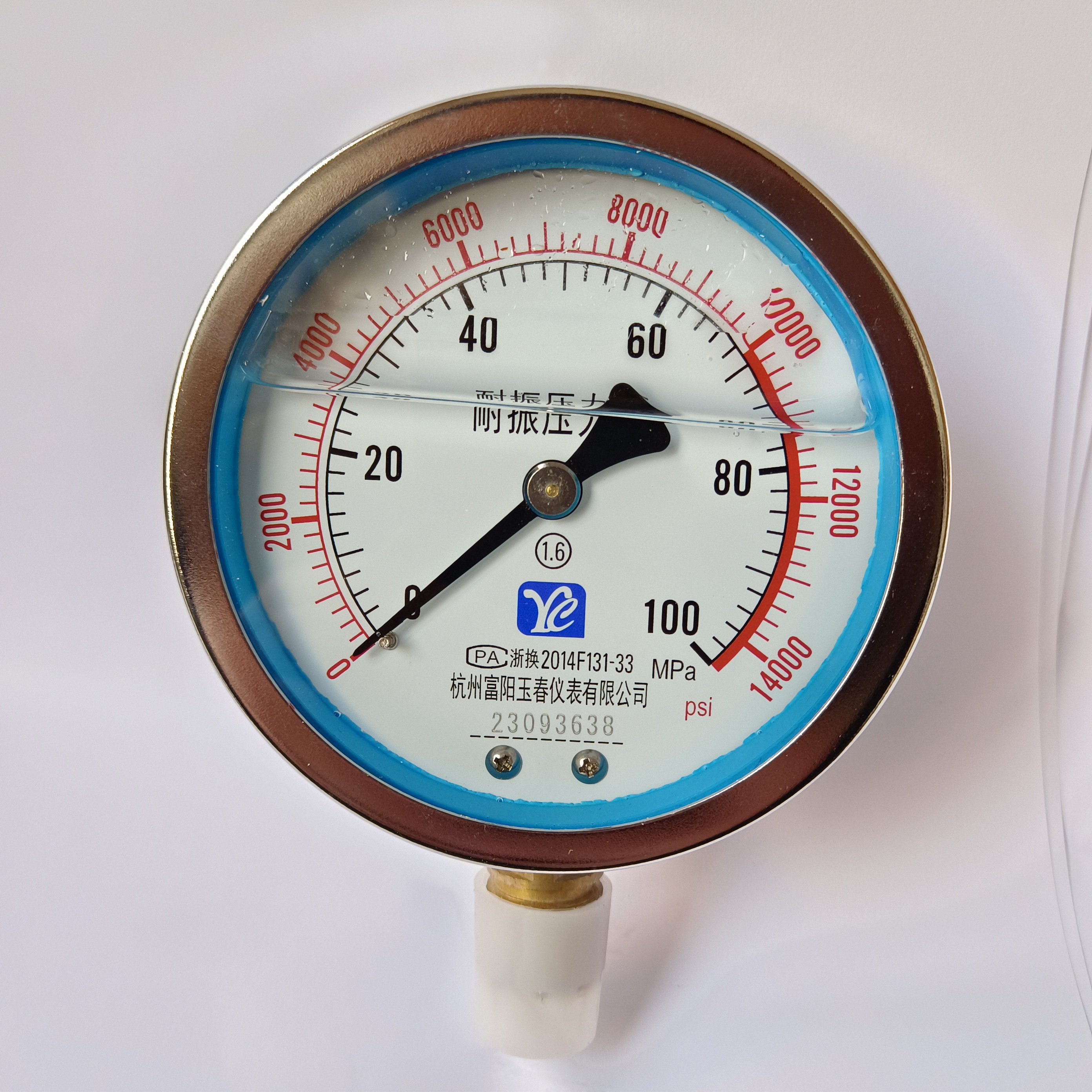 YN100杭州富阳水压表浸油液压表抗振耐震压力表100MPA 14000PSI