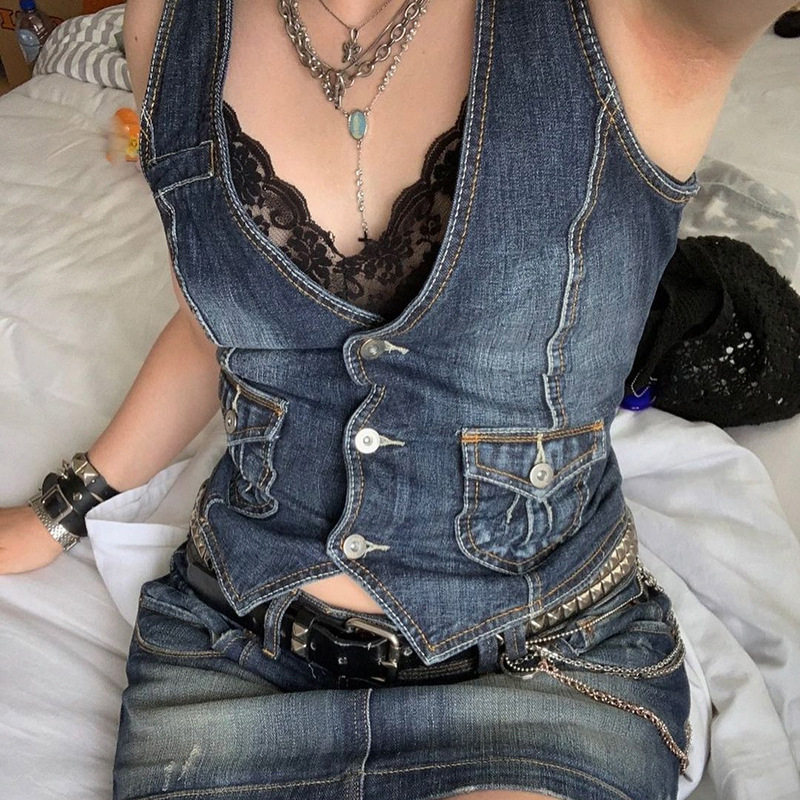 Denim Low Cut Breasted Blue Vest牛仔小马甲低胸排扣蓝色背心