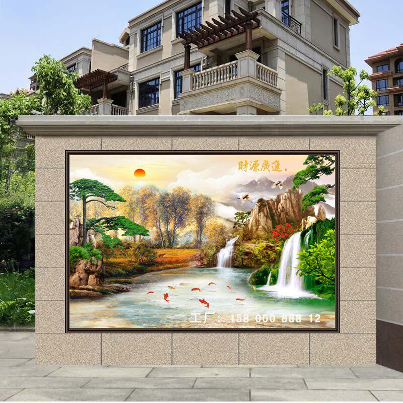 农村庭院子照壁墙瓷砖高山流水岩板迎门墙微晶石富水长流背景墙砖
