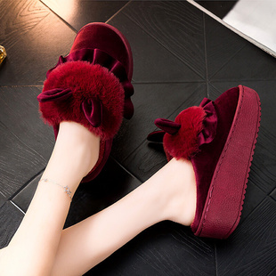 高跟拖鞋女毛绒红色外穿兔子冬款可爱居家防滑防臭保暖女式厚底的