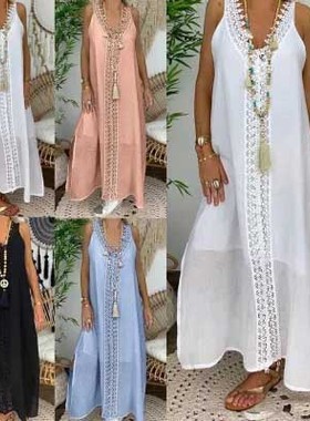 Summer women's collar lace stitched split Beach Dress