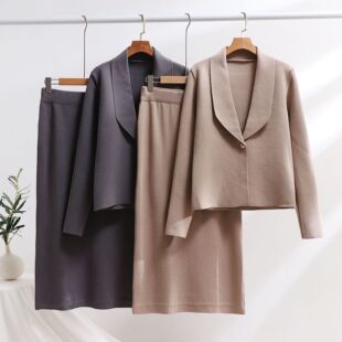 high top sleeve skirt长袖 纯色上衣半身裙小香风套装 waist Long