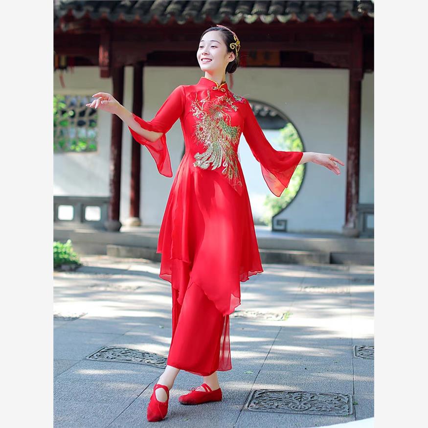 秧歌服红色新款飘逸中国风民族舞蹈服广场扇子舞服古典舞演出服女