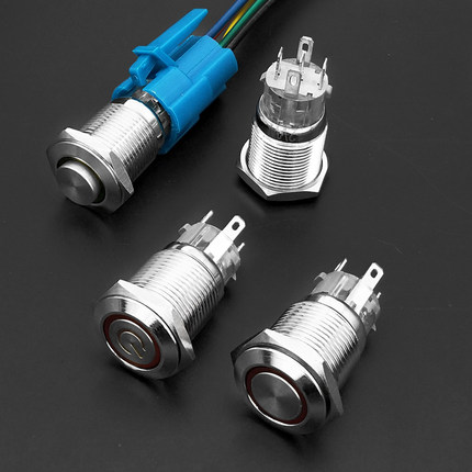 自复位 自锁16mm金属按钮开关防溅水带电源符号环形LED灯 5只脚