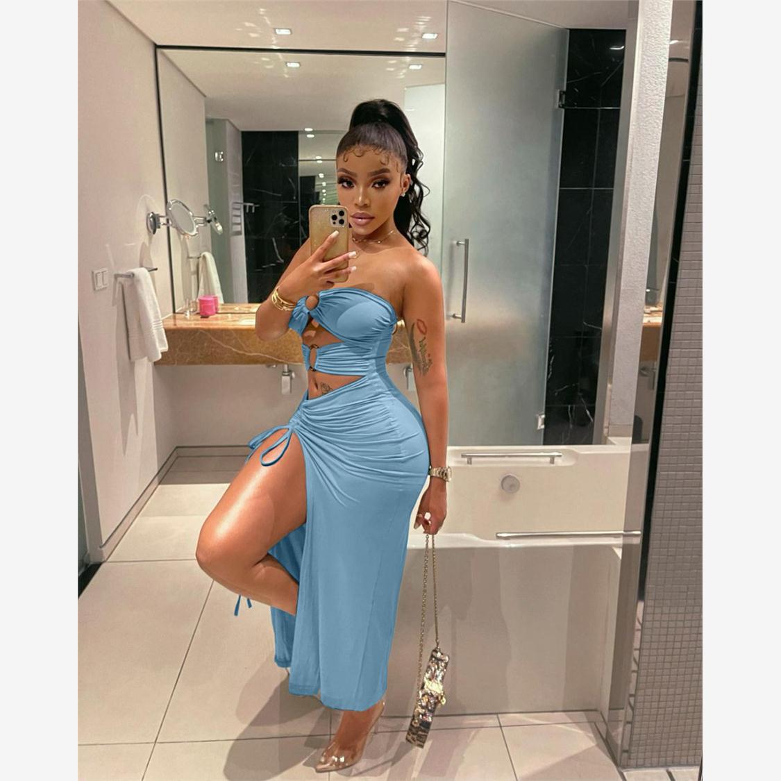 Sexy Long Dress with Snaps and Cutouts时尚卡扣露脐分叉性感裙