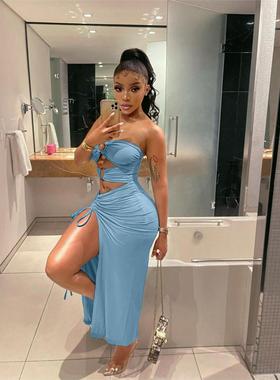 Sexy Long Dress with Snaps and Cutouts时尚卡扣露脐分叉性感裙