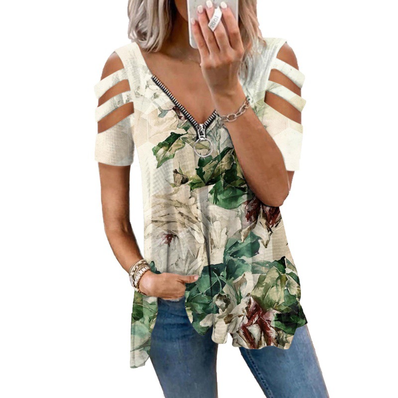 Summer V-neck zippered short sleeved loose top拉链印花女短袖