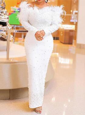 African Women White Long Party Dress裹胸典雅白钉珠气质晚礼服