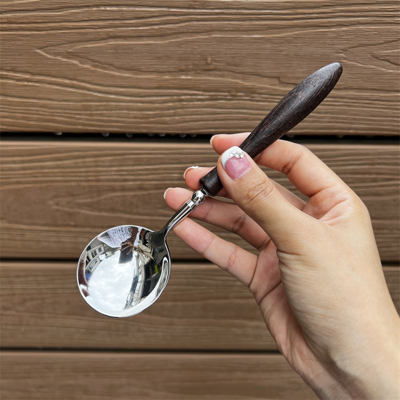 日式轻奢鸡翅木304不锈钢喝汤勺主餐更西餐勺子木柄大圆头拌饭勺