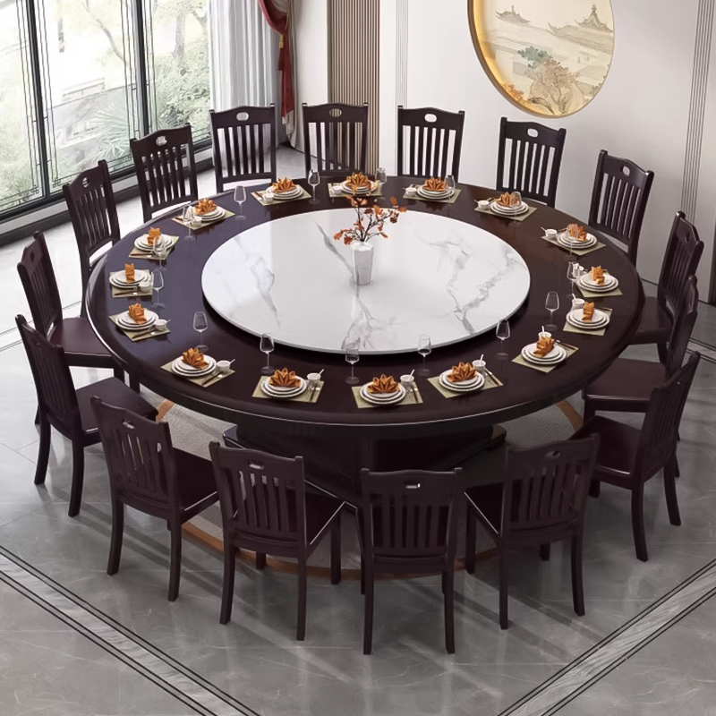 新中式实木餐桌家用2m米圆形大圆桌饭店包厢岩板转盘吃饭桌子12人
