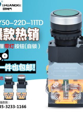 正品双科LAY50-22D-11TD平头带灯自锁按钮开关 22厘绿色启动按钮