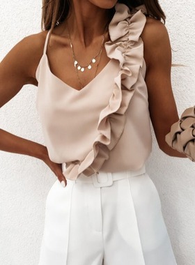 夏季V领性感Sexy木耳边装饰黑色露背气质背心吊带百搭打底上衣女