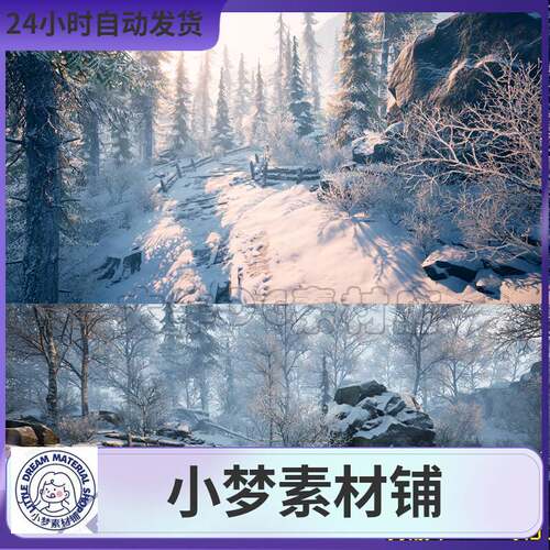 UE5虚幻4写实冬季雪景森林雪地 雪山场景树林岩石落雪Nature Paca