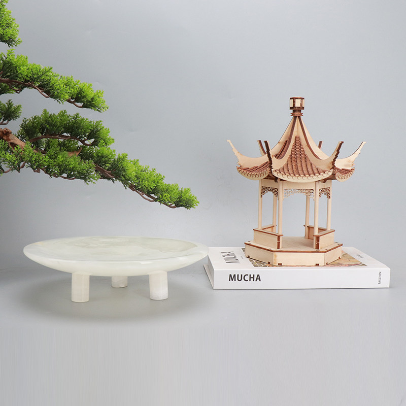现代新中式轻奢玉石圆果盘禅意木质古建筑凉亭家居软装饰品摆件