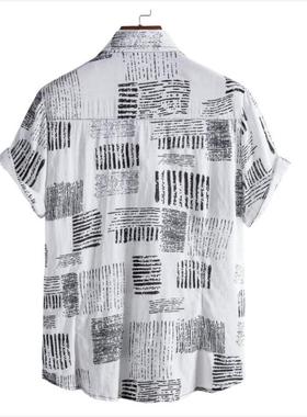 men shirts  man shirt hawaiian 2021夏季薄款黑白色短袖衬衫男