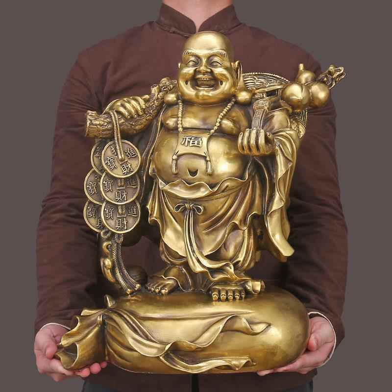 纯铜大肚佛像弥勒佛摆件招财金钱币笑佛神像客厅家用公司店铺供奉