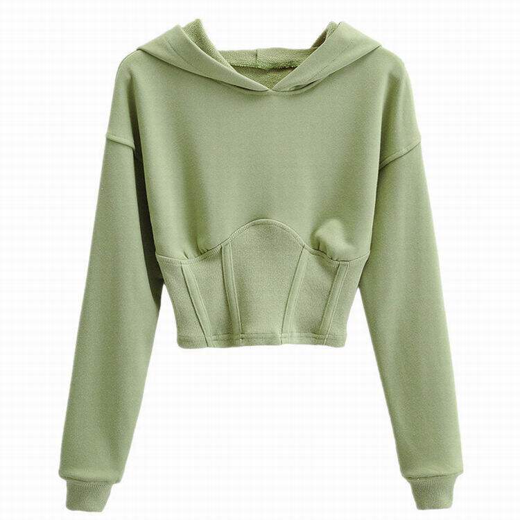 欧美修身显瘦短款长袖套头连帽卫衣女春秋季纯色螺纹拼接收腰外套