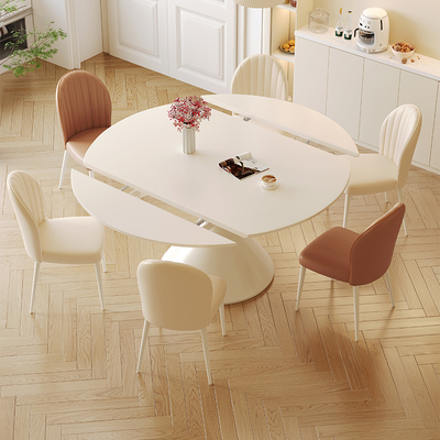 奶油风岩板餐桌家用小户型现代简约2024新款饭桌旋转伸缩可变圆桌