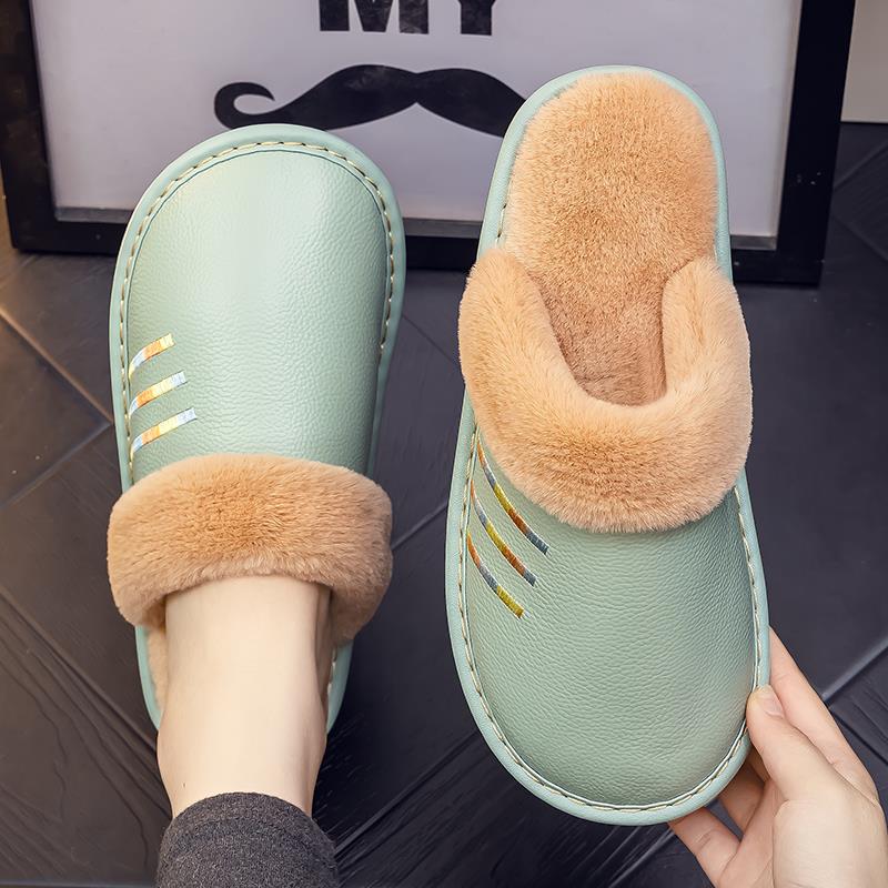 真皮面防水居家保暖毛绒棉拖鞋牛筋厚底秋冬季男女士室内防滑情侣