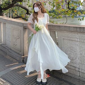 大码胖mm超仙法式荷花边连衣裙女夏季新款收腰显瘦公主甜美仙女裙