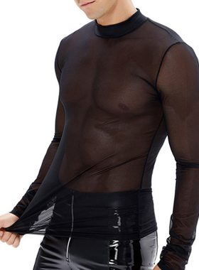 Men's T-shirt 欧美男装 黑色网纱印花长袖T恤微透百搭打底衫男
