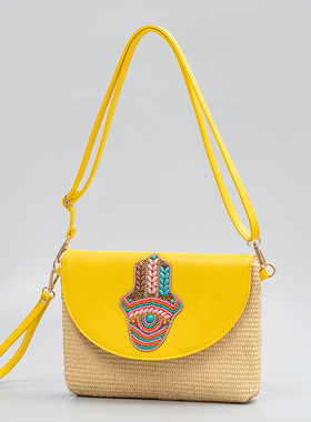 Hamsa法蒂玛之手草编包 米珠大象手掌女士斜跨肩包手拿包SlingBag