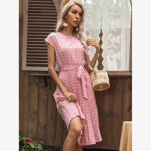 Short Sleeve Tie Polka Dot Pleated Dress 短袖系带波点连衣裙