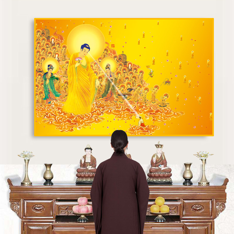 西方接引极乐世界满全堂佛晶瓷挂画带框眉间白毫LED灯mp3横版定制