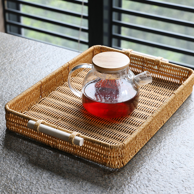 居家客厅托盘茶盘家用果篮面包盘零食筐仿藤编茶几桌面收纳筐塑料
