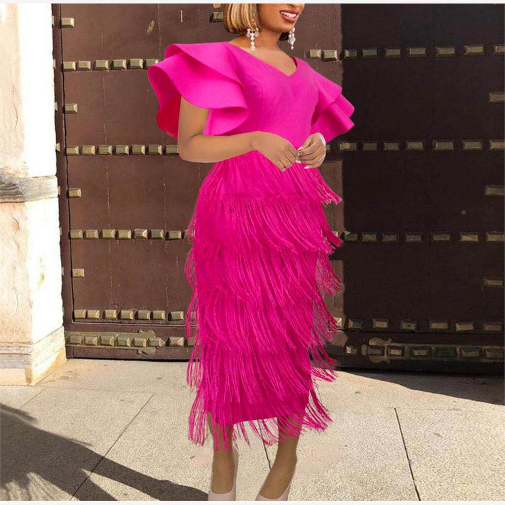 Ruffle Fringe Dress 设计感V领荷叶袖流苏收腰派对太空棉礼服裙
