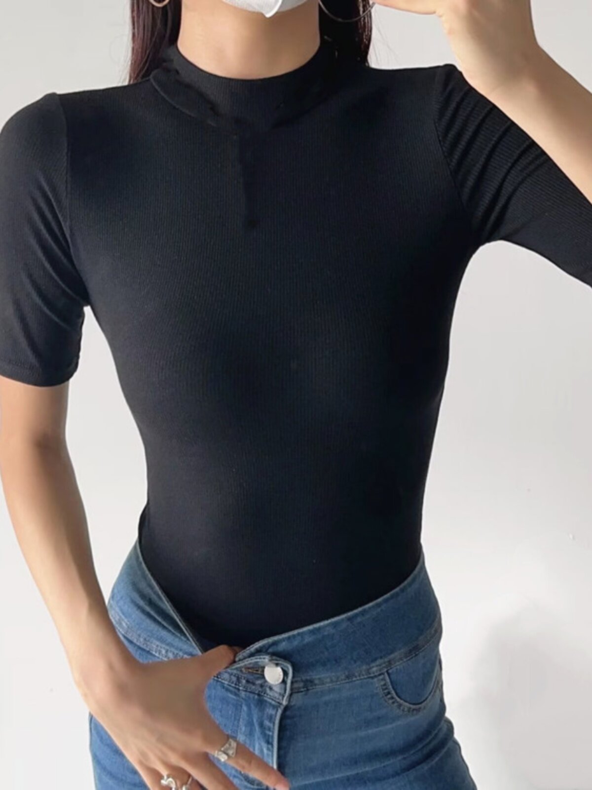 欧美纯色小高领连体上衣