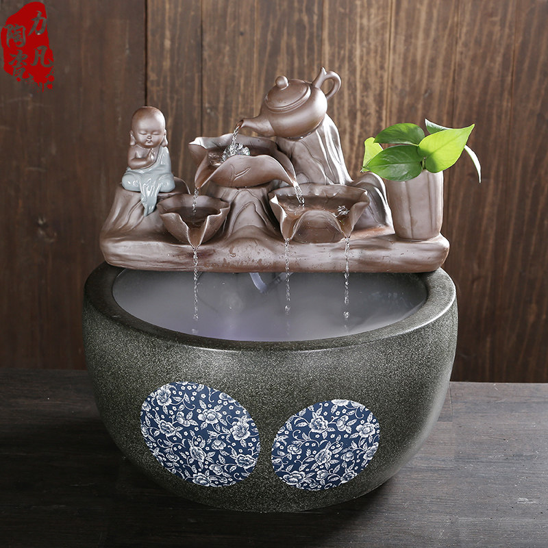 景德镇大陶瓷鱼缸diy客厅流水喷泉摆件招财风水轮家用阳台聚财缸