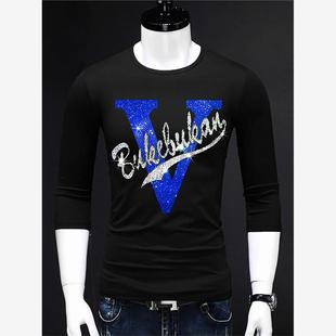 Men Rhinestone T Shirt Cotton Oversized Tees 长袖字母烫钻T恤