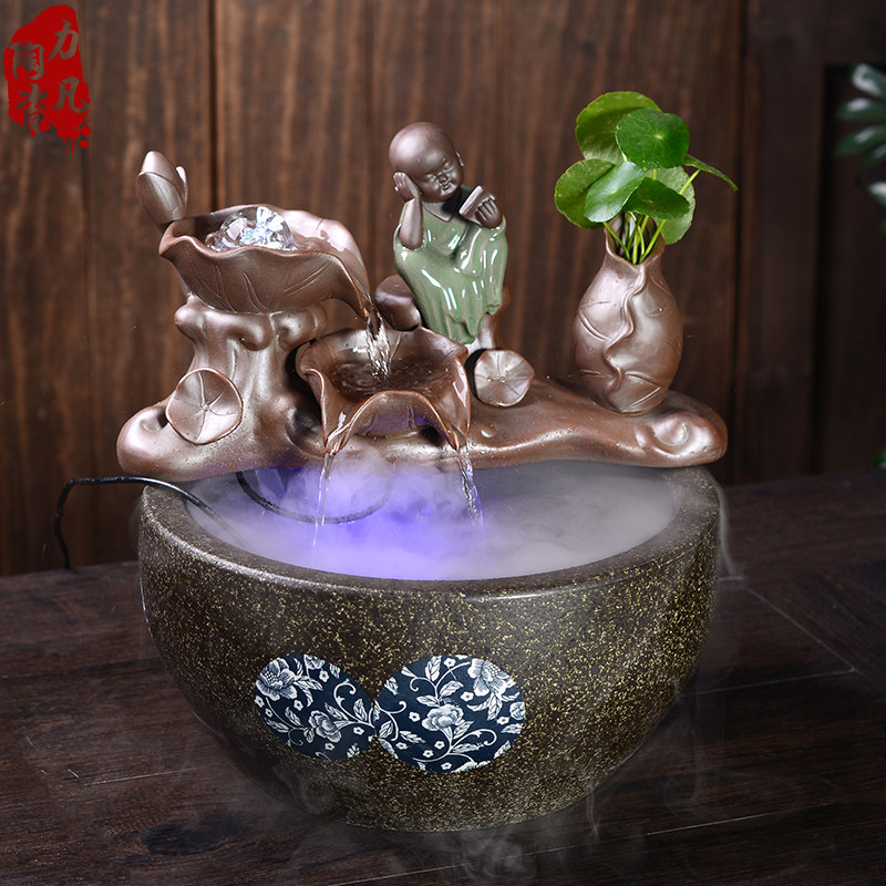 风水招财流水摆件客厅玄关家居电视柜桌面水景喷泉鱼缸禅意小和尚