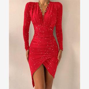 Sleeve Dress派对银片闪光修身 Ruched Party 连衣裙 Glitter Long